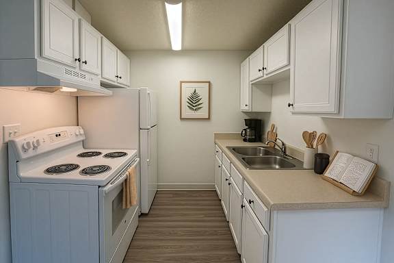 A kitchen with white cabinets and a stove top oven.