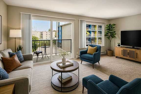 A living room with a grey couch, a blue armchair, a coffee table, and a balcony with a view of a building.
