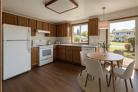 A kitchen with white appliances and wooden cabinets.