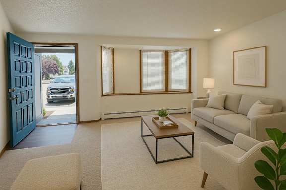 A living room with a blue door, a grey couch, a coffee table, and a plant.