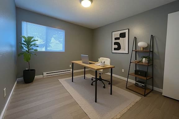 A room with a desk, chair, and a plant.
