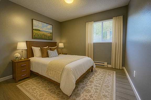 A bedroom with a bed, nightstand, and a painting on the wall.