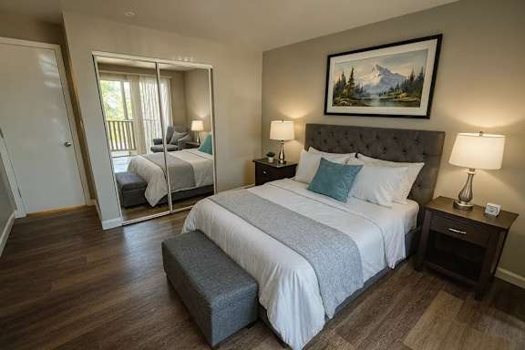 A bedroom with a large bed and a painting of a mountain scene above it.
