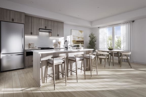 a rendering of a kitchen with a large island and stools