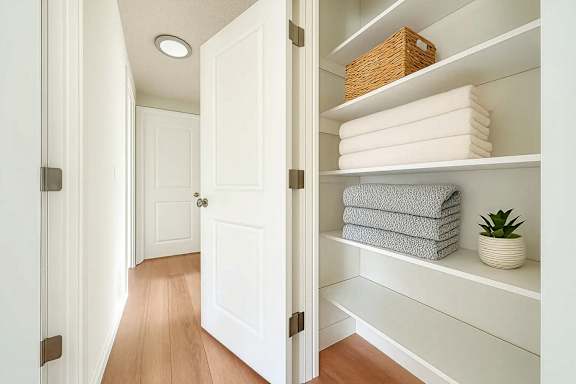 A white bathroom with a towel and a plant on the shelf.