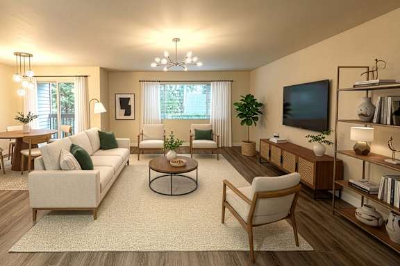A living room with a white sofa, a wooden chair, a coffee table, and a flat-screen TV mounted on the wall.