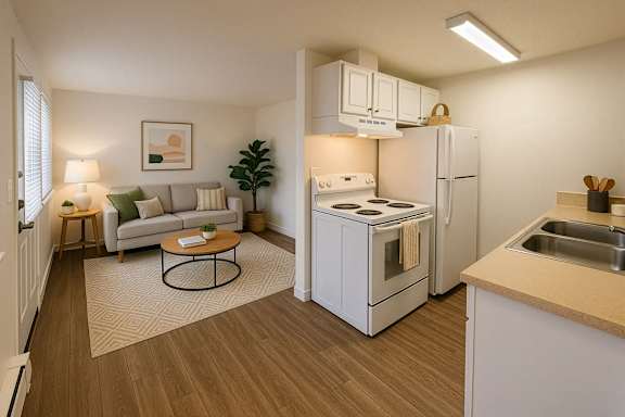 A small kitchen with a white refrigerator and a white stove top oven.