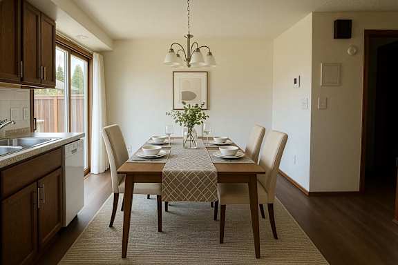 A dining room with a table set for four.