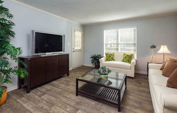 A living room with a white couch, a glass coffee table, and a television.