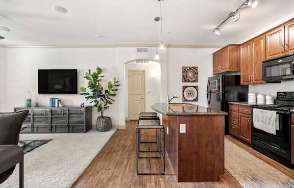 Kitchen and living room at Trails at San Tan in Gilbert AZ June 2021