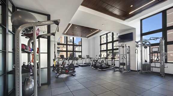 A gym with a variety of equipment including a squat rack, a bench press, and a rowing machine.