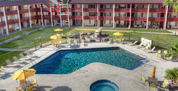 A pool surrounded by palm trees and a building.