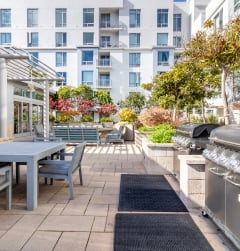 a patio with a table and chairs and a barbecue grill at Strata at Mission Bay, California, 94158