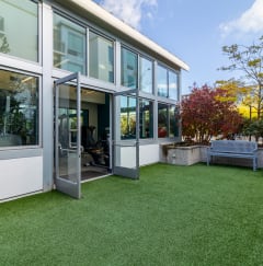 strata gym with outdoor green space and bench at Strata at Mission Bay, San Francisco, CA, 94158