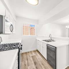 a white kitchen with a stove and a sink