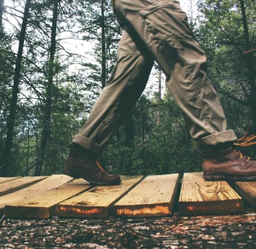 Man Walking On Wood Bridge in Forest