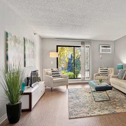 A living room with a couch, chair, and potted plant.