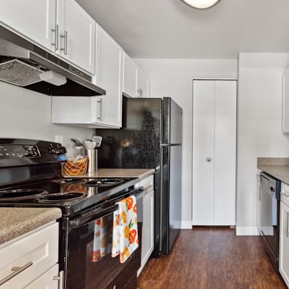 A kitchen with black appliances and white cabinets.