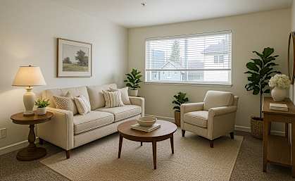 A living room with a couch, chair, and table.