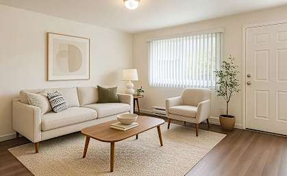 A living room with a couch, chair, and table.