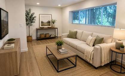 A living room with a white couch, a coffee table, and a large window.