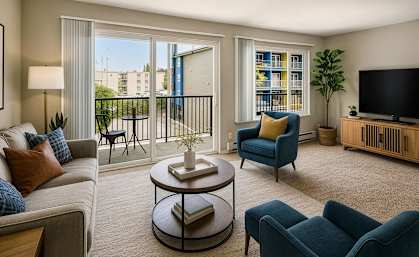 A living room with a grey couch, a blue armchair, a coffee table, and a balcony with a view of a building.