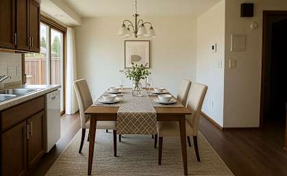 A dining room with a table set for four.