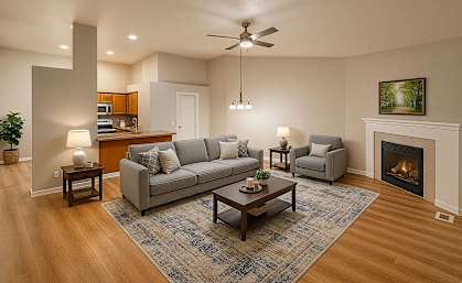 A living room with a grey couch, a coffee table, and a fireplace.