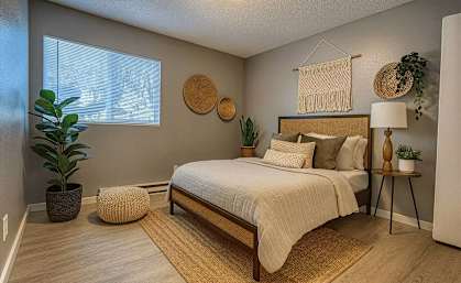 A bedroom with a bed, a potted plant, and a wall hanging.