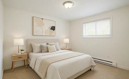 A bedroom with a large bed and a painting on the wall.