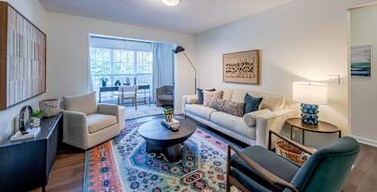 A living room with a rug and a couch.