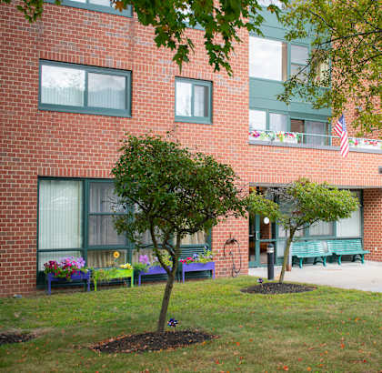A brick building with a tree in front of it.