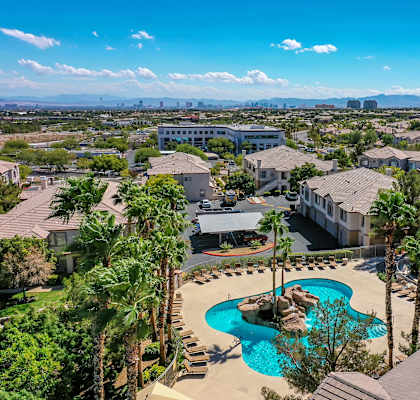 A large swimming pool surrounded by palm trees and houses.