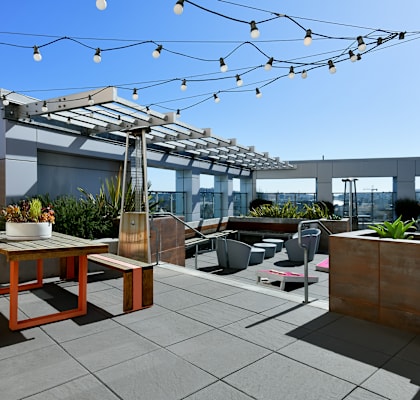 A patio with a table and chairs under a pergola.