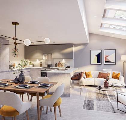 a living and dining area with a wooden table and chairs and a kitchen in the background