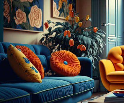 A living room with a blue couch, orange pillows, and a yellow chair.