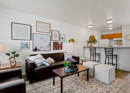 A living room with a brown couch, a coffee table, and a striped pillow.