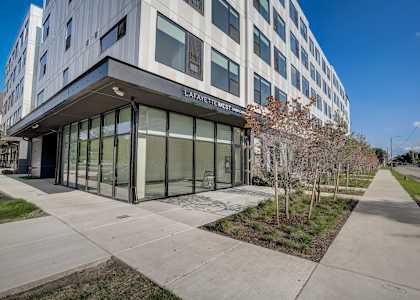 Glass entrance at Lafayette West Apartments, Detroit, MI