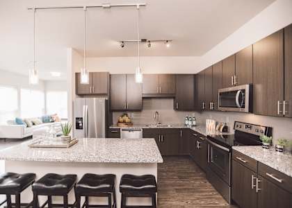 A modern kitchen with dark wood cabinets and a granite countertop. at Encore at Forest Park Apartments, Saint Louis, MO