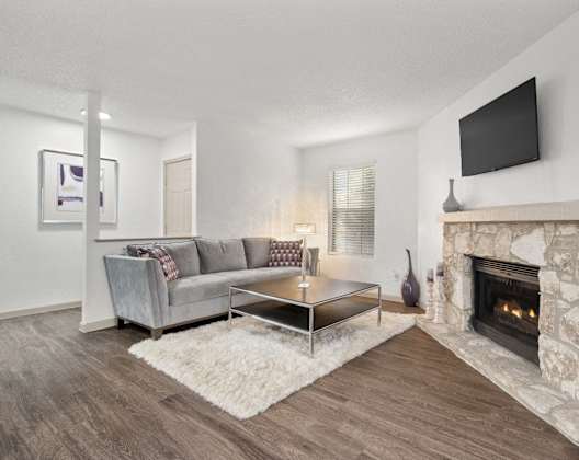 A modern living room with a grey couch, a coffee table, a fireplace, and a flat-screen TV mounted on the wall.