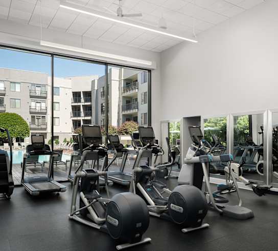 A gym with a view of the outside.