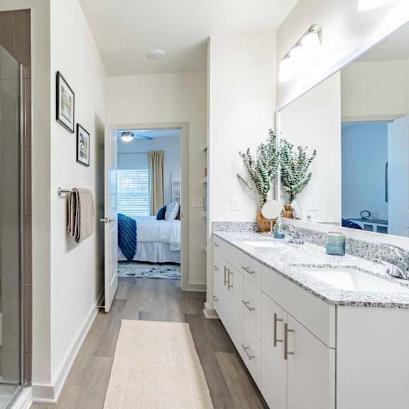 A bathroom with a walk-in shower and a vanity with a mirror.