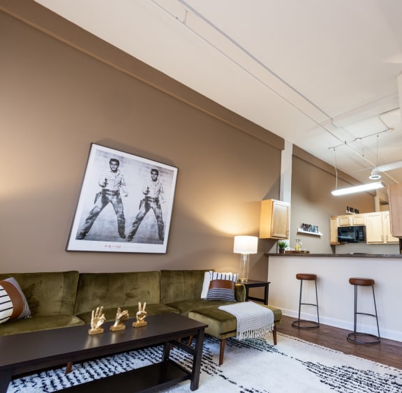 Decorated living room at Harness Factory Lofts, Managed by Buckingham Urban Living, 30 East Georgia St. Ste. C, IN