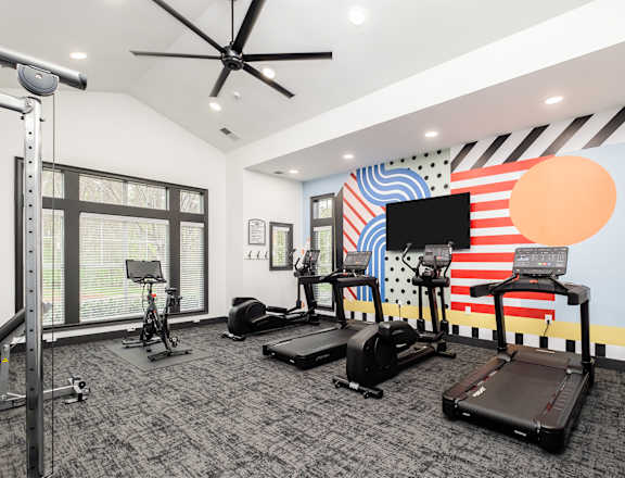 A gym with a variety of equipment including treadmills, weights, and a television.