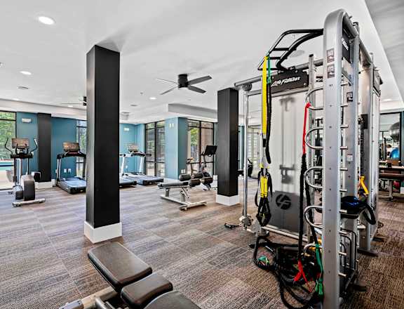 the gym at the flats at big tex apartments