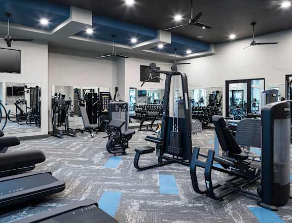 A gym with treadmills, weights, and exercise machines.
