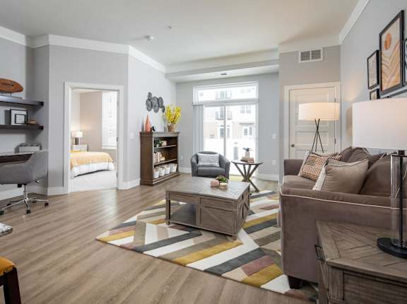 A modern living room with a grey couch, a coffee table, and a striped rug. at The Edison at Rice Creek I and II, Minnesota, 55126