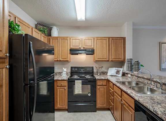 A kitchen with a black refrigerator and stove.