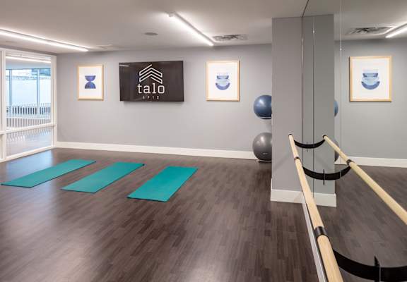 A room with a yoga mat, exercise ball, and pilates reformer.
