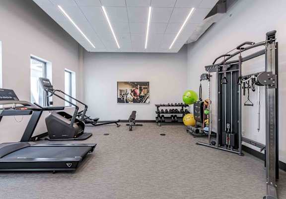 A spacious gym with a variety of equipment including treadmills, weight machines, and free weights.